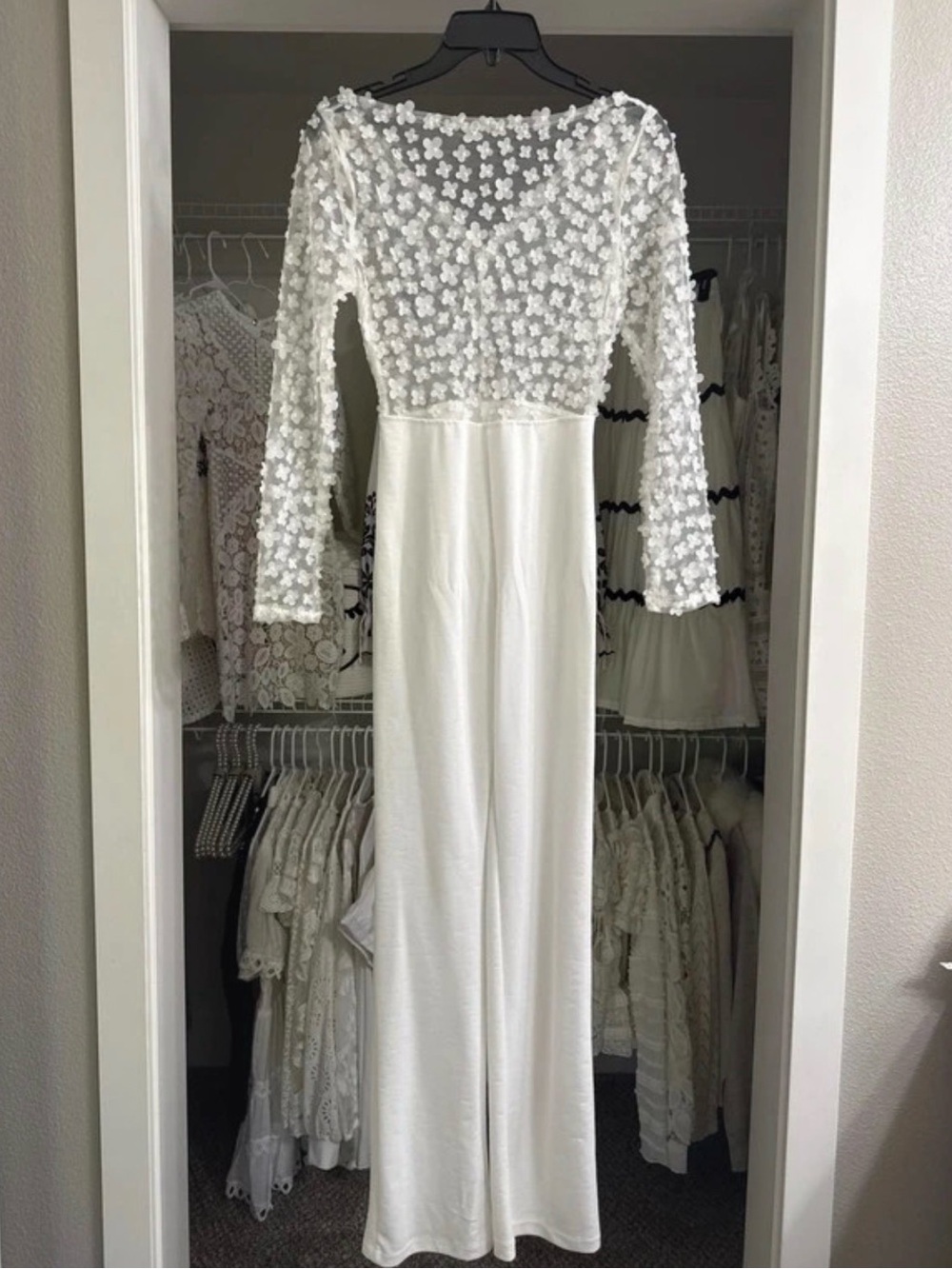 3D Floral Appliqué White Mesh Organza Bodice Jumpsuit XXS/XS